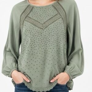 LUCKY BRAND I Top Blouse Eyelet Olive Green Medium